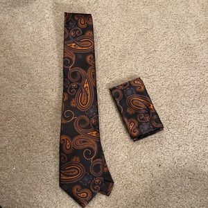 Navy and Orange Paisley Tie and Pocket Square